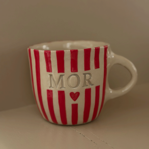 Keramik Kop - Mor m. Tyk Strib - R�d/Hvid