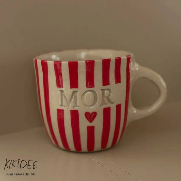 Keramik Kop - Mor m. Tyk Strib - R�d/Hvid
