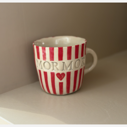 Keramik Kop - Mormor m. R�d/Hvid Strib 