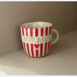 Keramik Kop - Mormor m. R�d/Hvid Strib 